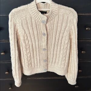 Ann Taylor Cream Cable Knit Cardigan with Crystal Buttons